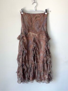 Ralph Lauren Black Label 100% Silk Paisley Ruffle Skirt Chiffon Flowy Fairy